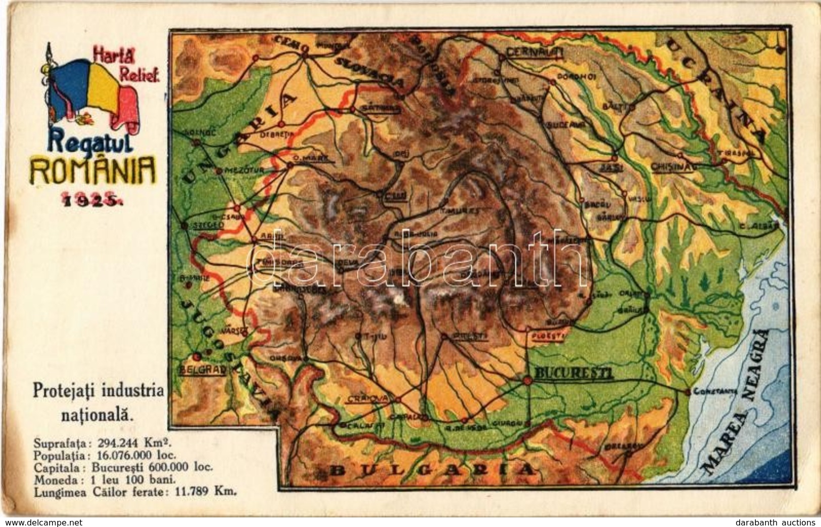 ** T2/T3 1925 Romania, Regatul Romania, Haria Relief. Protejati Industria Nationala / Map Of Romania, Embossed (EK) - Zonder Classificatie