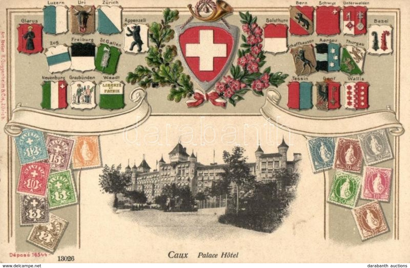 ** T4 Caux, Palace Hotel, Swiss Coat Of Arms And Stamps, Atelier K. Guggenheim & Cie 16544. Emb. Litho (pinholes) - Zonder Classificatie