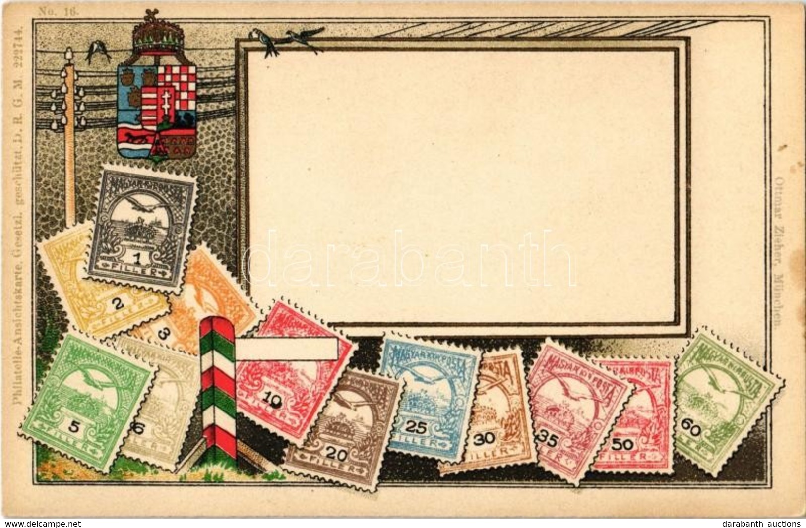** T1/T2 A Magyar Kir. Posta Bélyegei / Set Of Hungarian Stamps, Coat Of Arms. Ottmar Zieher's Philatelie Ansichtskarte  - Non Classés