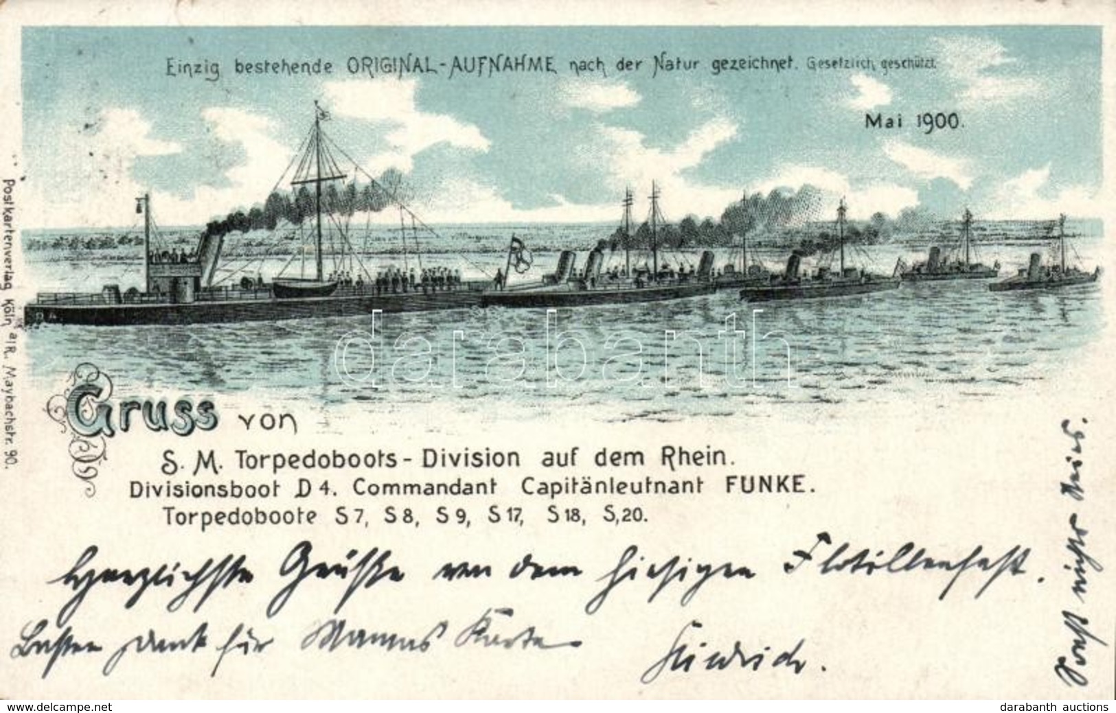 T2/T3 1900 Gruss Von S. M. Torpedoboots-Division Auf Dem Rhein, Divisionsboot D4, Torpedoboote, Litho - Sin Clasificación