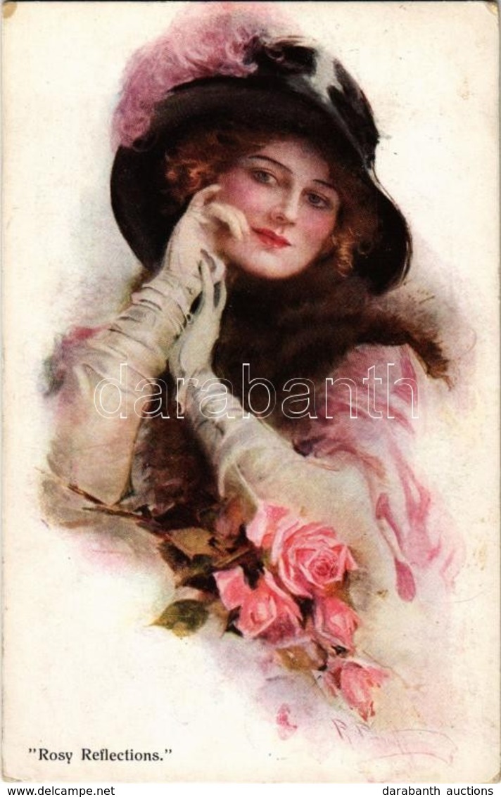 T2 1914 'Rosy Reflections', Lady With Hat, Flowers, No. 15324. Artist Signed - Unclassified