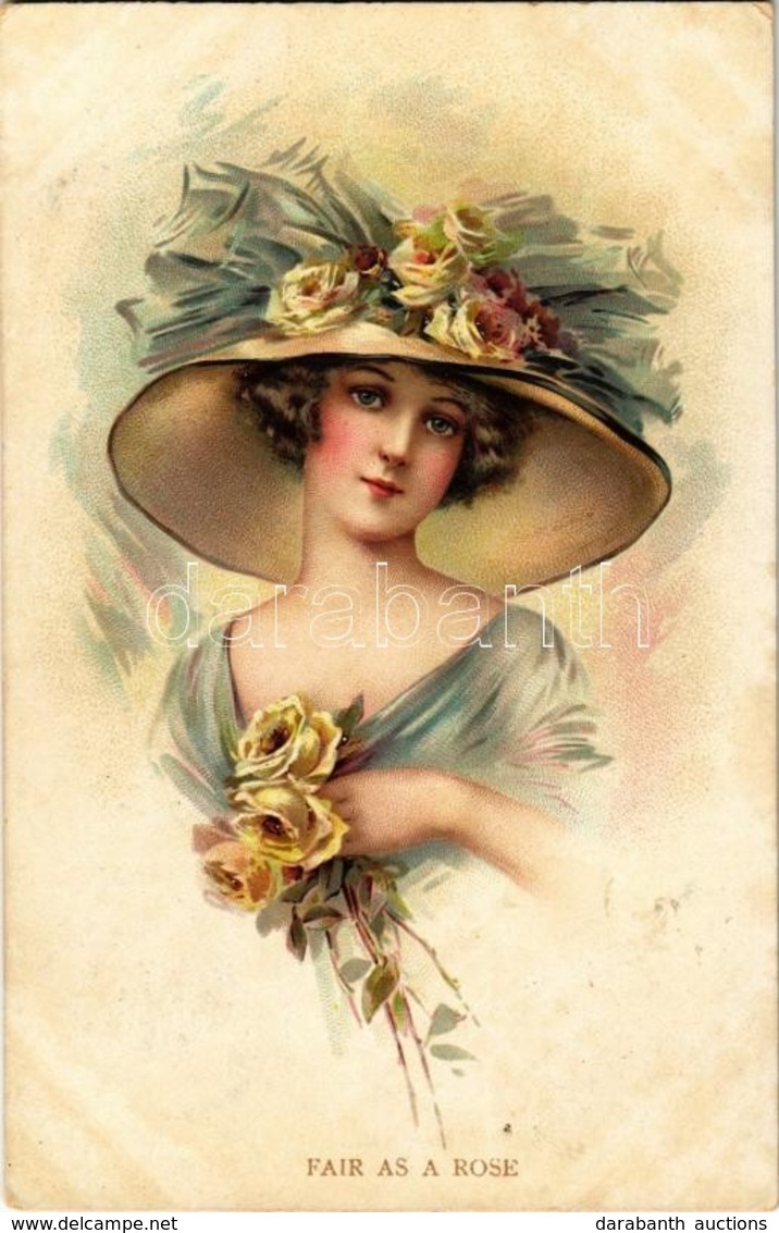 T2 1916 'Fair As A Rose', Lady With Hat, Flowers, Unsigned Art Postcard, Litho - Unclassified