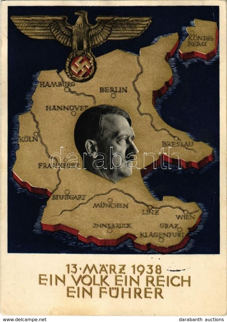 * T2/T3 938 Ein Volk, Ein Reich, Ein Führer! / Adolf Hitler, NSDAP German Nazi Party Propaganda, Map, Swastika; 6 Ga. +  - Zonder Classificatie