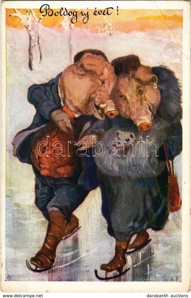 * T3 Boldog Újévet! / Winter Sport, Pigs With Ice Skates And Christmas Greeting. B.K.W.I. 3001-3. S: C. F. (EB) - Zonder Classificatie