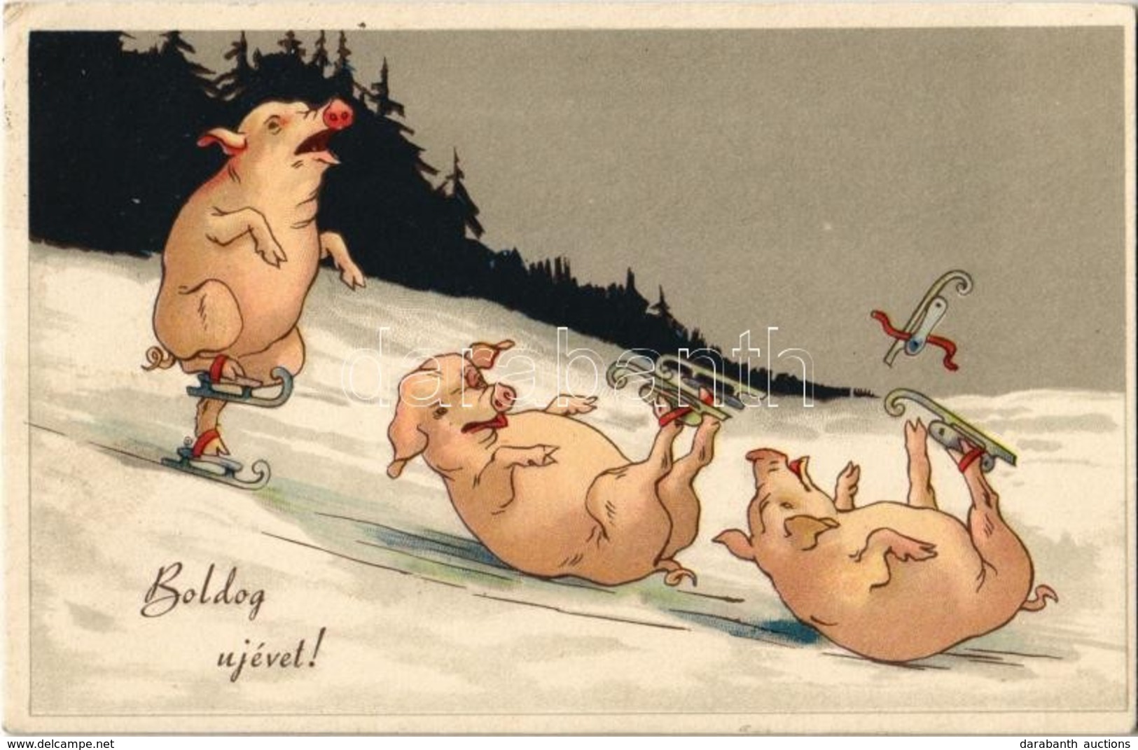 T2 Boldog Újévet! / Winter Sport, Sliding Pigs On Ice Skates, Humor, New Year Greeting - Non Classés