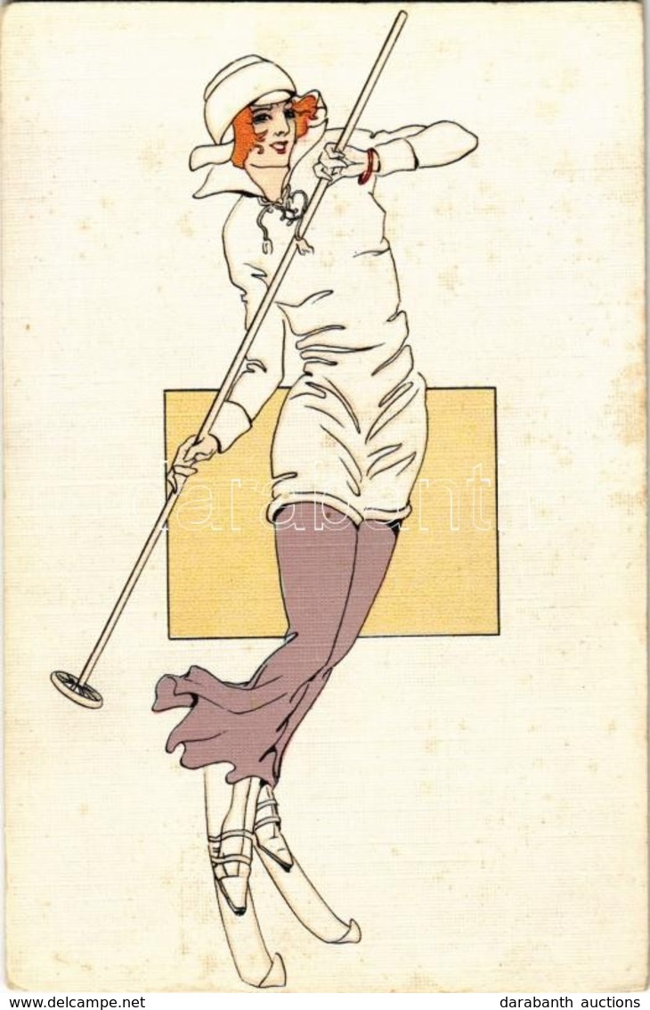 ** T2/T3 Lady With Ski, Winter Sport Art Postcard (fl) - Non Classés