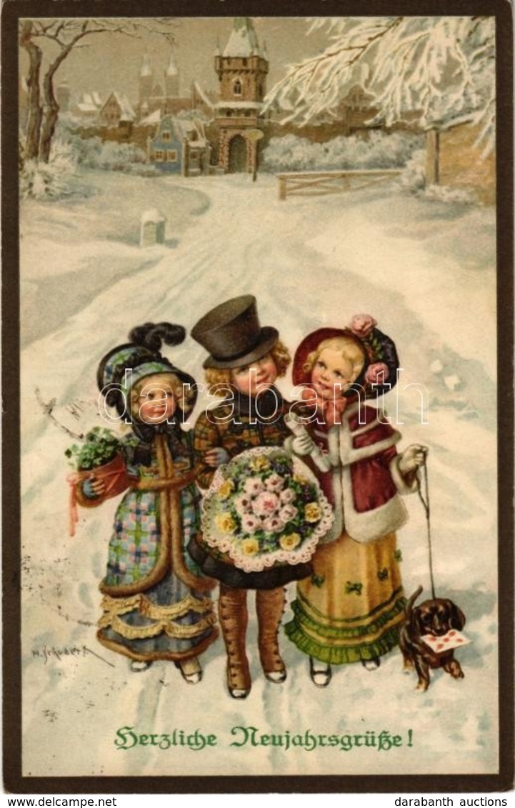 T2 1917 Herzliche Neujahrsgrüsse! / New Year Greeting Art Postcard With Children. M. Munk Wien Nr. 962. Litho S: H. Schu - Ohne Zuordnung