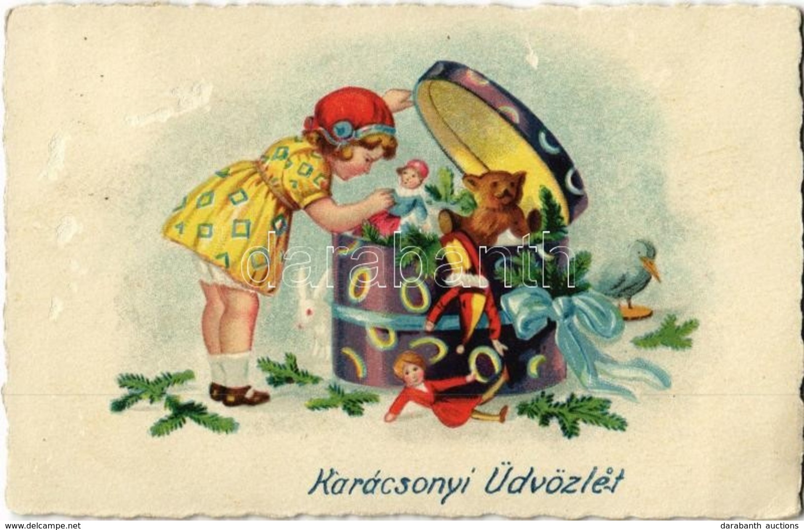 T3 1927 'Karácsonyi Üdvözlet', üdvözlőlap / Christmas Greeting Card, Girl With Presents, Litho (surface Damage) - Zonder Classificatie