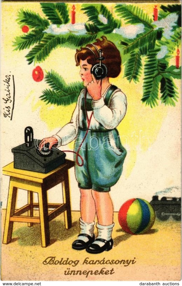 * T2/T3 1935 'Boldog Karácsonyi ünnepeket', üdvözlőlap / Christmas Greeting Card, Boy With Radio, Litho (EK) - Unclassified