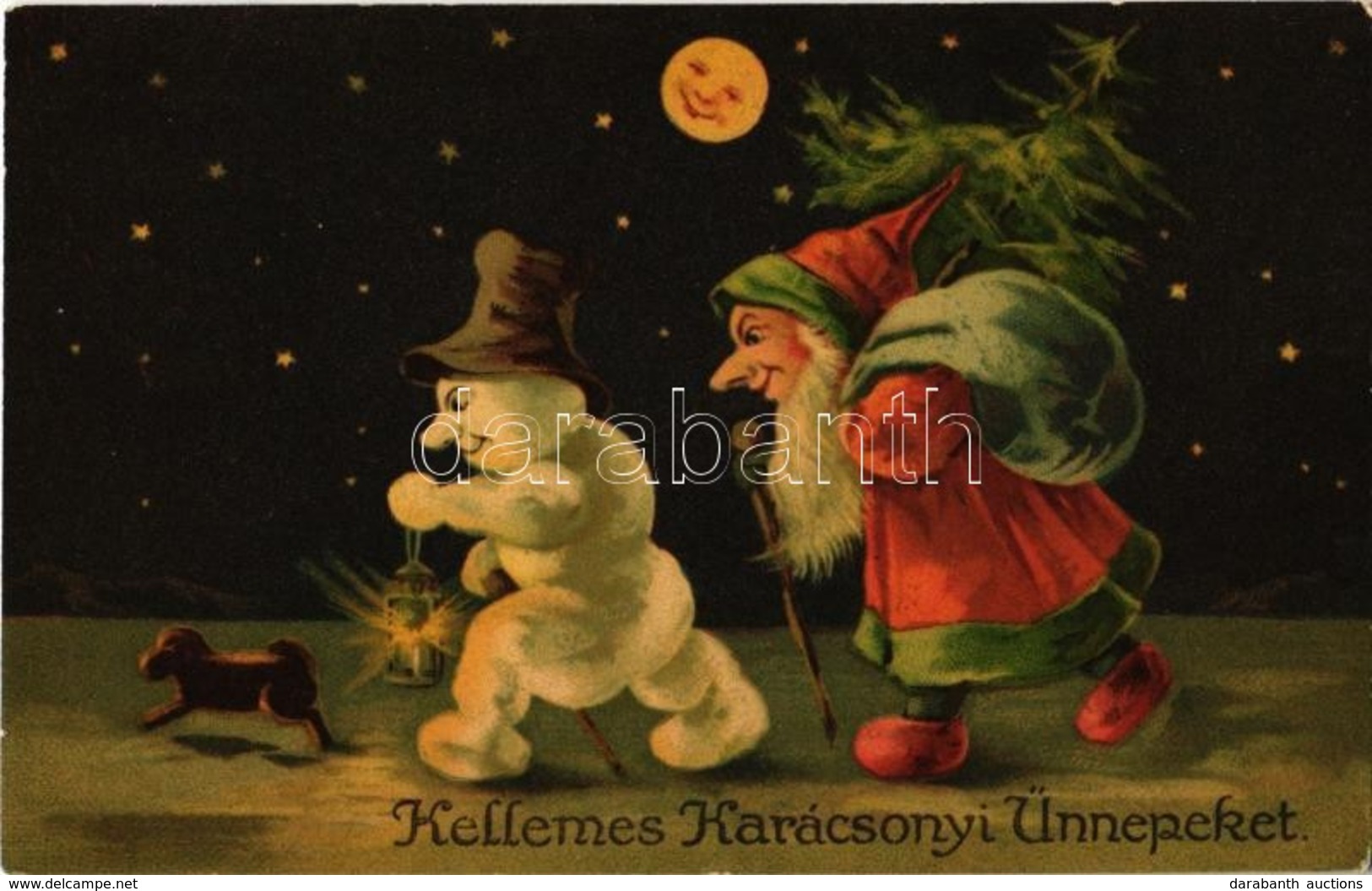 T2 1916 'Kellemes Karácsonyi Ünnepeket', üdvözlőlap, Törpe Mikulás / Christmas Greeting Card, Dwarf Santa Claus, Snowman - Unclassified
