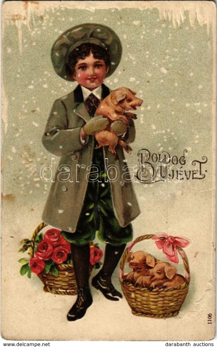 T2/T3 1908 'Boldog újévet', üdvözlőlap, Dombornyomat / New Year Greeting Card, Boy With Pigs, Flowers, Emb. Litho (kis S - Zonder Classificatie