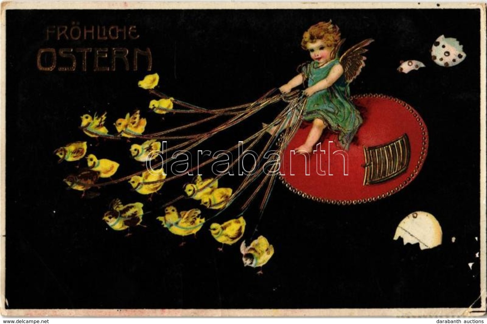 T2/T3 1909 'Fröhliche Ostern' / Easter Greeting Card, Chickens, Angel, Egg, Golden Decoration, Emb. Litho (EK) - Zonder Classificatie