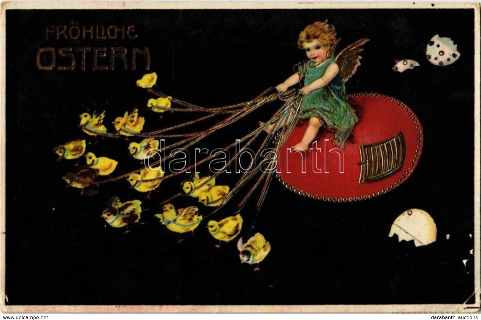 T2/T3 1909 'Fröhliche Ostern' / Easter Greeting Card, Chickens, Angel, Egg, Golden Decoration, Emb. Litho (EK) - Non Classés