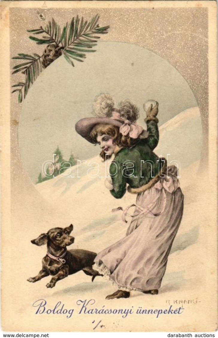 T2 1971 'Boldog Karácsonyi ünnepeket', üdvözlőlap / Christmas Greeting Card, Girl With Dog, No. 143 S: R. Kratki - Non Classés