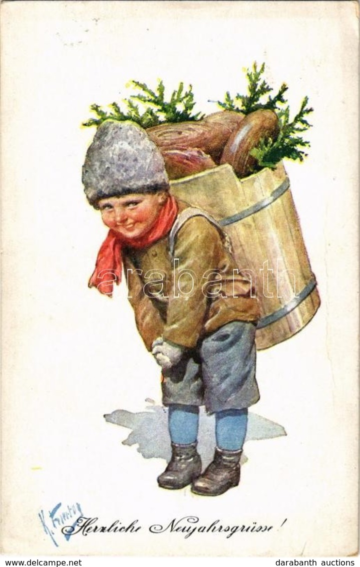 T2/T3 1924 'Herzliche Neujahrsgrüsse!' / New Year Greeting Card, Boy, B.K.W.I. 3191-2 S: K. Feiertag (fa) - Zonder Classificatie