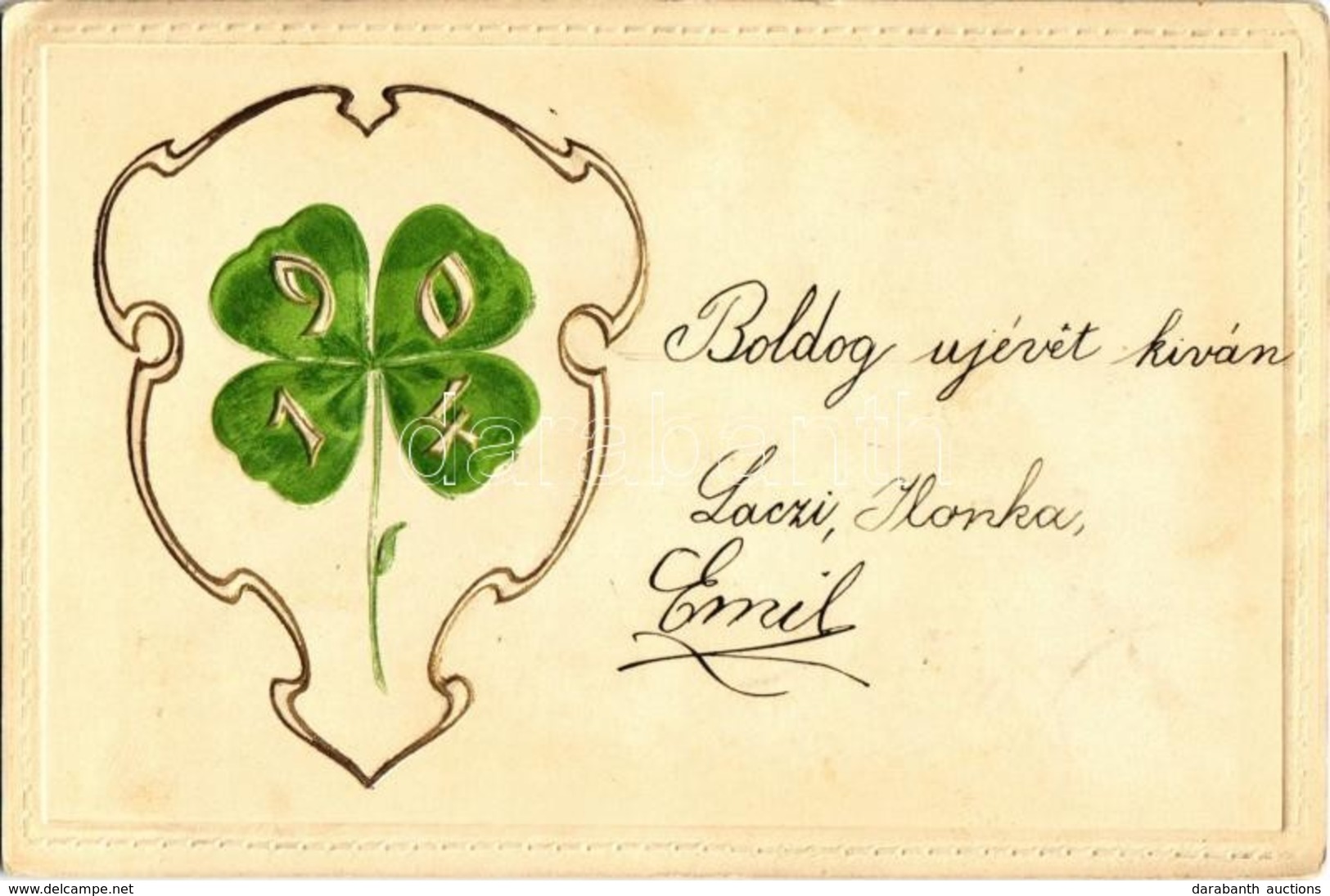 T2/T3 1903 Újévi üdvözlőlap, Lóhere, Aranyozott Díszítés, Dombornyomat / New Year Greeting Card, Clover, Golden Decorati - Sin Clasificación