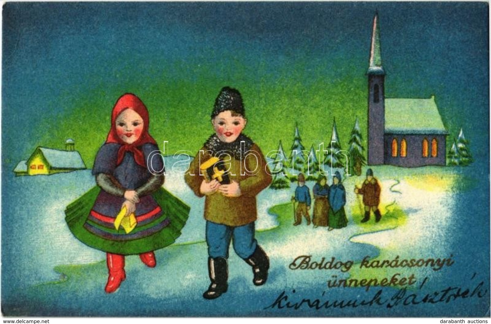 * T2 'Boldog Karácsonyi ünnepeket', üdvözlőlap / Christmas Greeting Card, Winter, Church, Children In Folk Costumes, Fol - Unclassified
