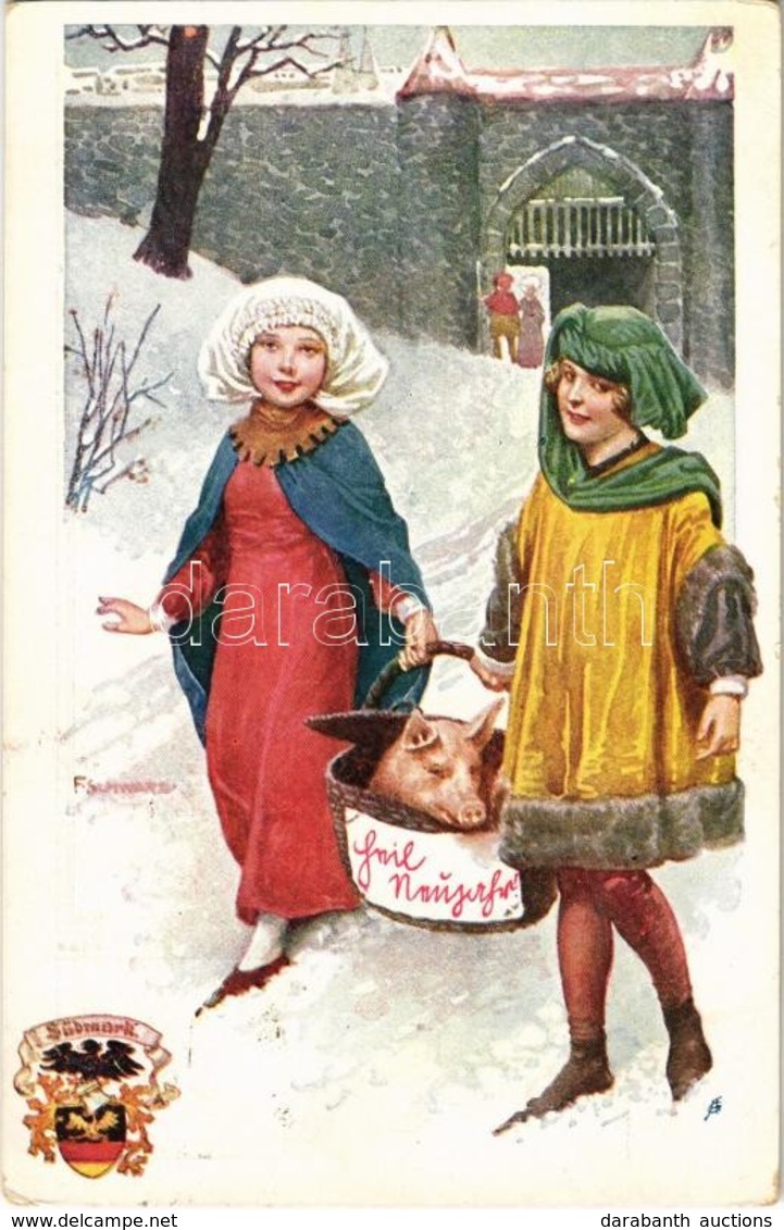 T2/T3 1912 New Year Greeting Card, Girls With Pig; Verlag Des Vereines Südmark, Neujahrskarte Nr. 230 S: F. Schwarz (fl) - Zonder Classificatie