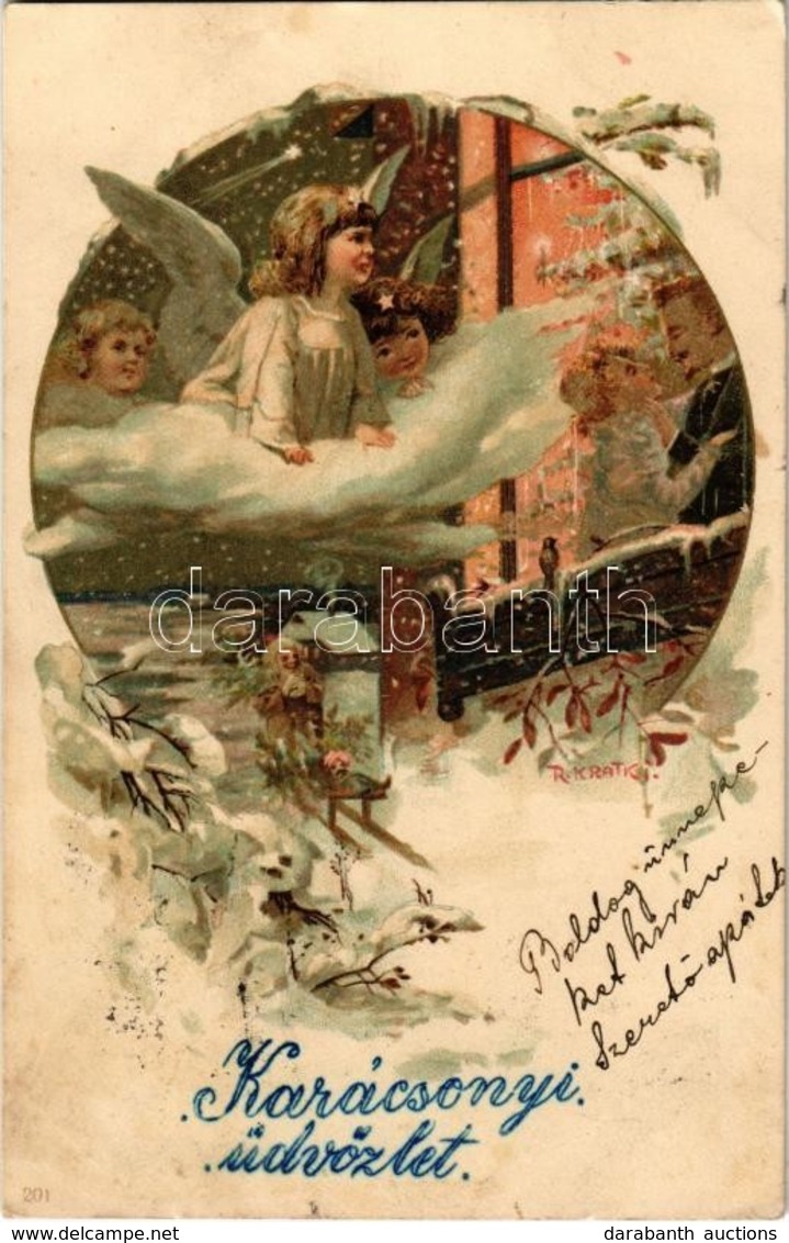 T2/T3 1901 'Karácsonyi üdvözlet', üdvözlőlap / Christmas Greeting Card, Angels, Couple, No. 201 Litho S: R. Kratki (fl) - Sin Clasificación