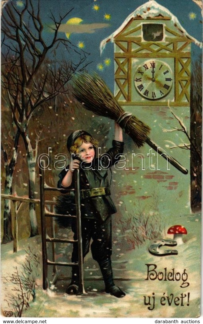 T2/T3 1909 'Boldog újévet!', üdvözlőlap, Aranyozott Díszítés / New Year Greeting Card, Chimney Sweeper Boy, Golden Decor - Sin Clasificación