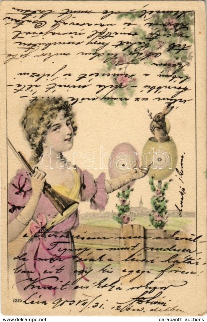 T2 1903 Easter Greeting Art Postcard, Lady With Gun And Rabbit - Zonder Classificatie