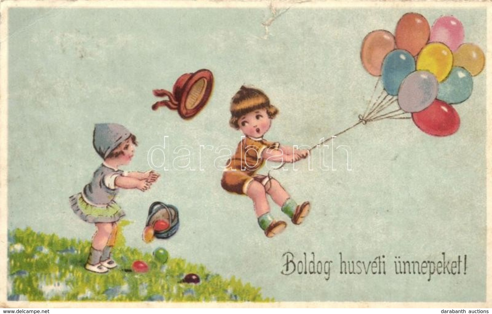 * T4 'Kellemes Húsvéti ünnepeket' / Easter Greeting Card, Children, Airballoons, Eggs (b) - Ohne Zuordnung