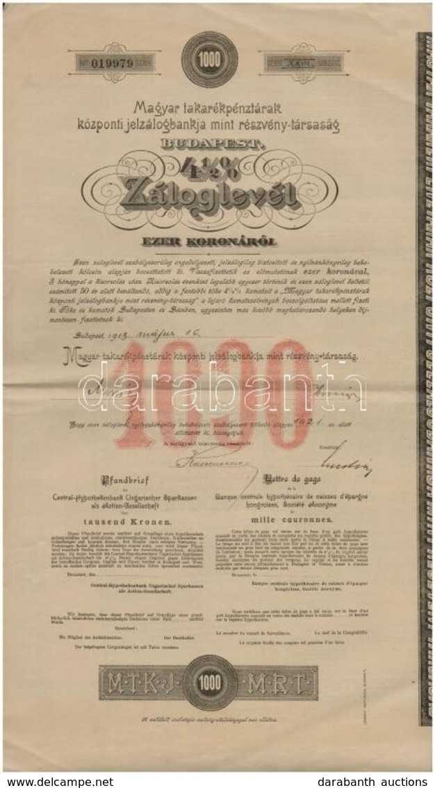 1908-1913. 'Magyar Takarékpénztárak Központi Jelzálogbankja Mint Részvénytársaság' 4 1/2%-os Záloglevél 1000K-ról, Szelv - Unclassified