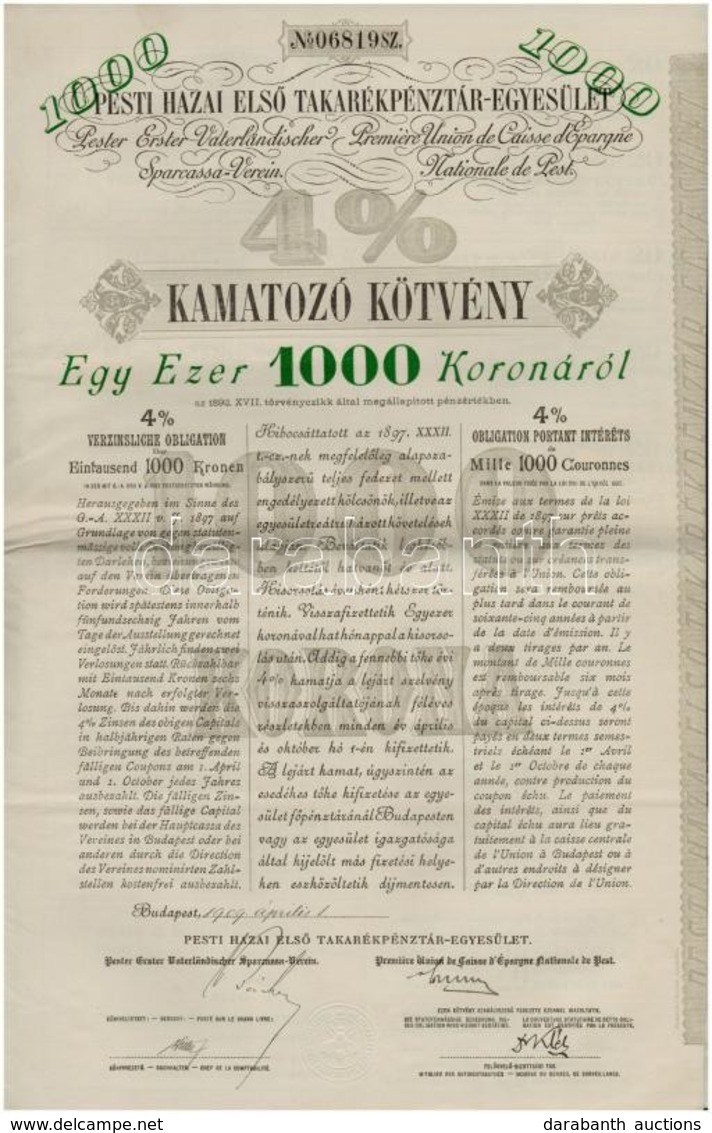 Budapest 1909. 'Pesti Hazai Első Takarékpénztár-Egyesület' 4%-os Kamatozó Kötvénye 1.000K-ról (5x) Sorszámkövetők, Szára - Non Classés