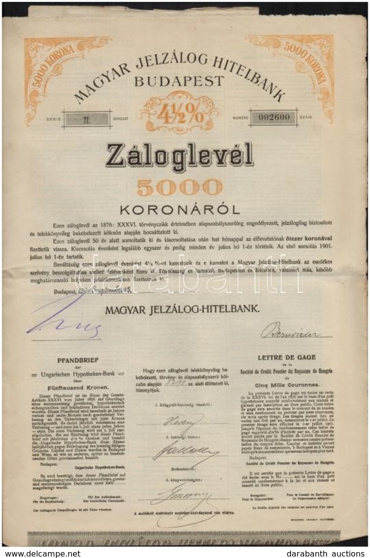 1909-1910. 'Magyar Jelzálog Hitelbank' 4 1/2%-os Záloglevele 5000K-ról, Szelvényekkel, Szárazpecséttel (2x) T:III - Zonder Classificatie