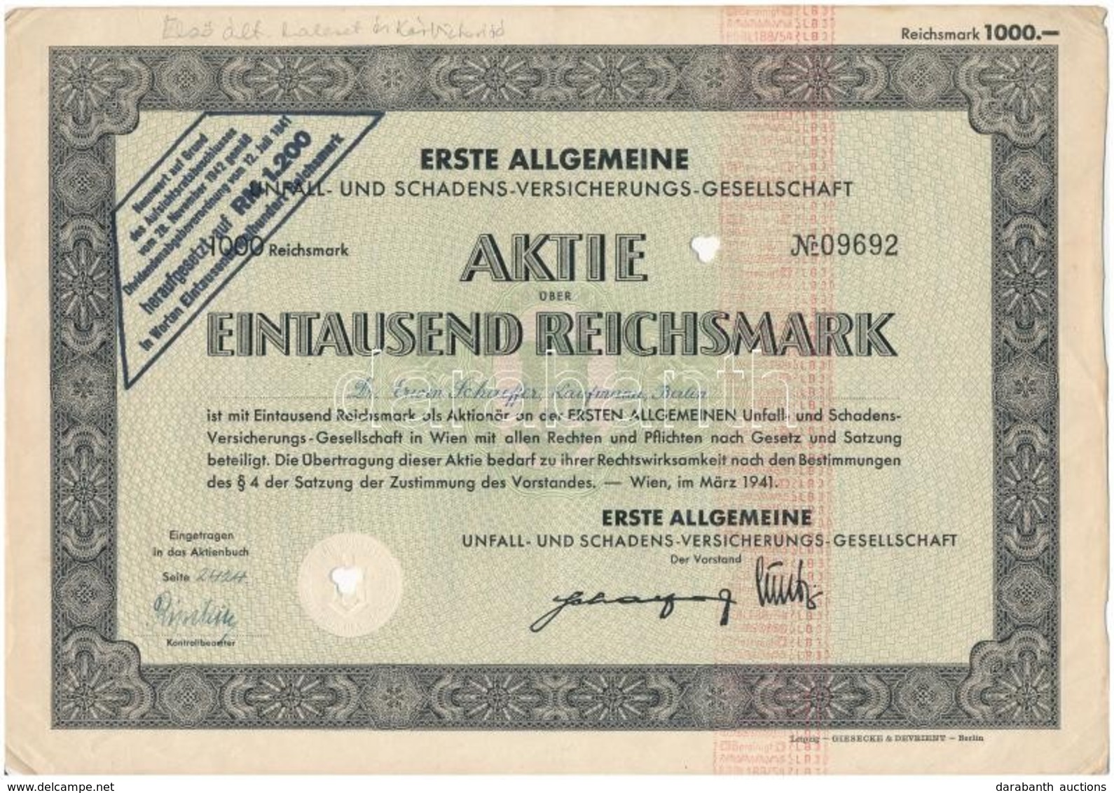 Ausztria / Bécs 1941. 'Erste Allgemeine Unfall- Und Schadens-Versicherungs-Gesellschaft (Első Általános Baleseti és Kárb - Zonder Classificatie