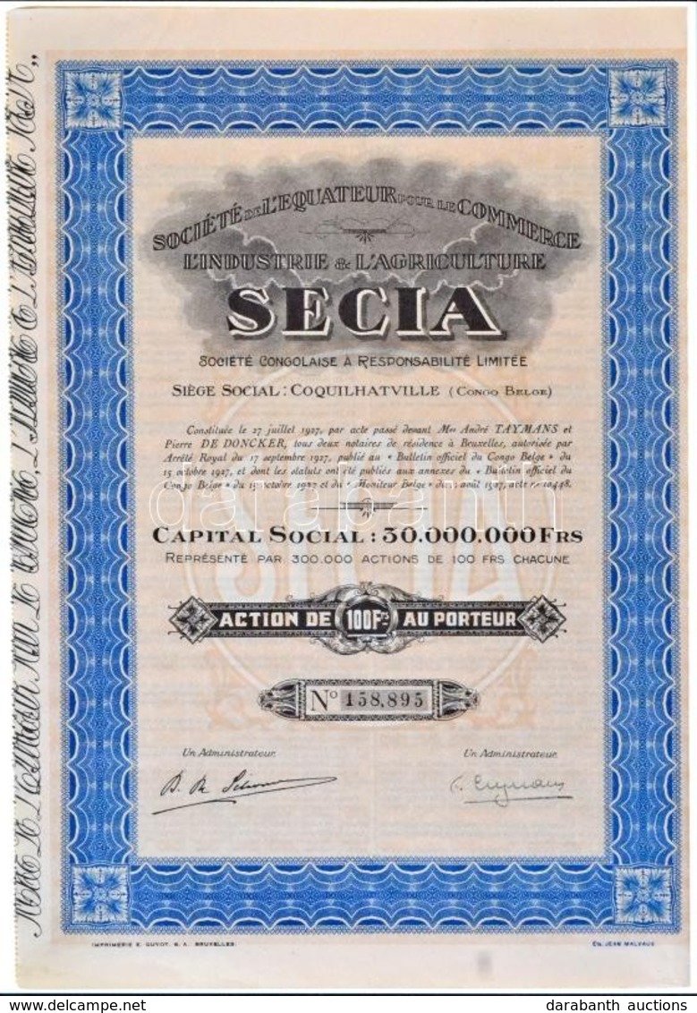 Belgium / Brüsszel 1927. 'Société De L'Equateur Pour Le Commerce L'Industrie Et L'Agriculture - SECIA Société Congolaise - Non Classés