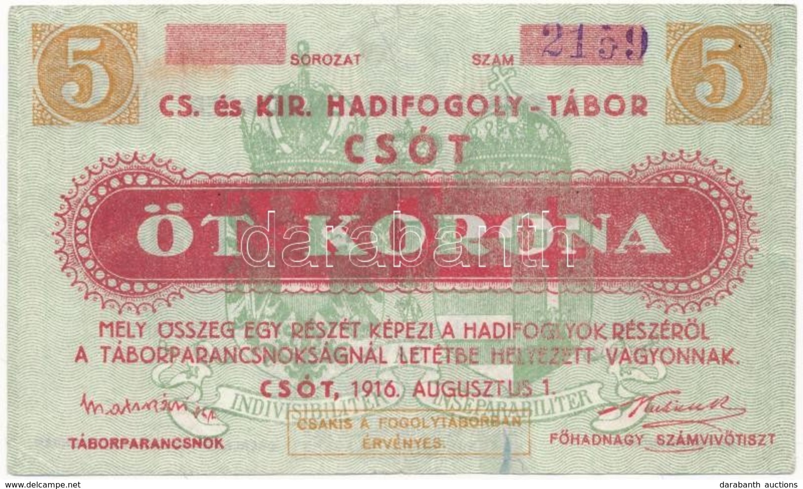 Csót / Hadifogolytábor 1916. Augusztus 1. 5K T:III
Adamo HHC-1.4 - Sin Clasificación