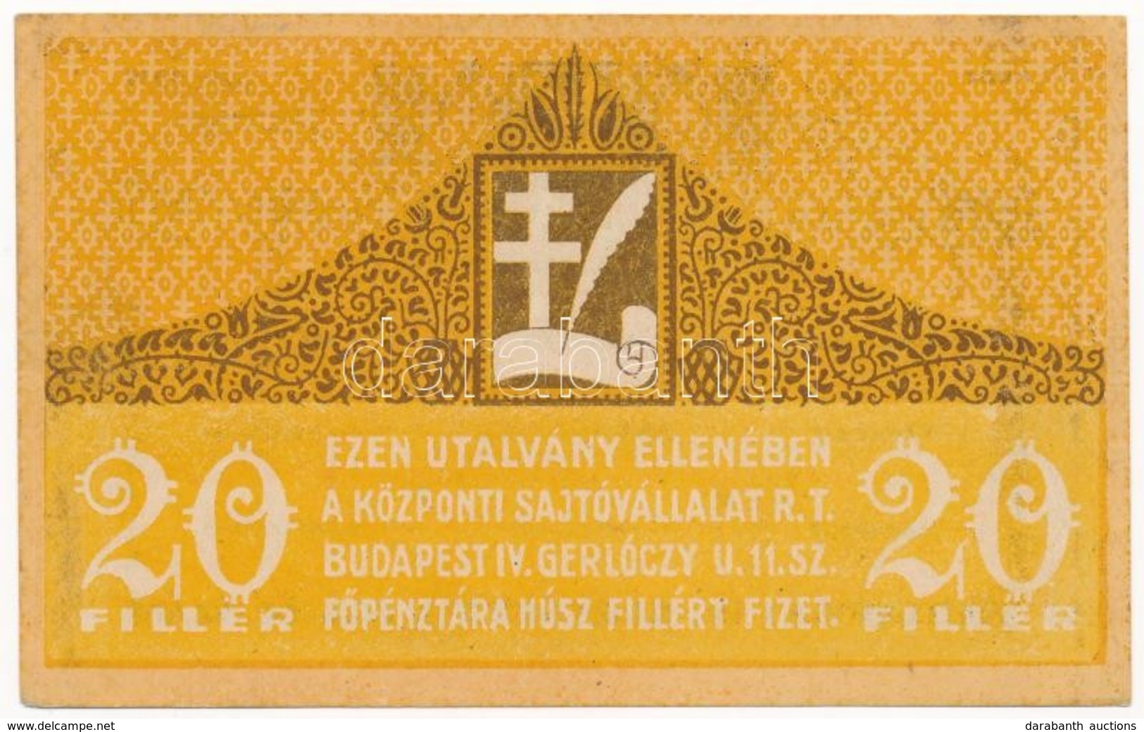 Budapest 1919. 20f 'Központi Sajtóvállalat R.T.' T:I,I- 
Hungary / Budapest 1919. 20 Fillér 'Központi Sajtóvállalat R.T. - Zonder Classificatie