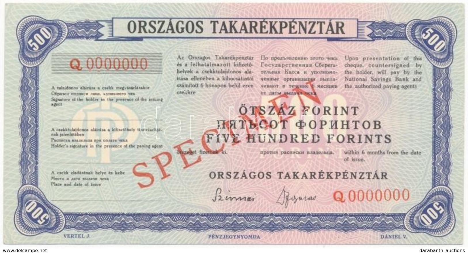 ~1970. 'Országos Takarékpénztár' Csekk 500Ft-ról, 'SPECIMEN (MINTA)' Bélyegzéssel, '000'-ás Sorszámmal T:I- - Unclassified