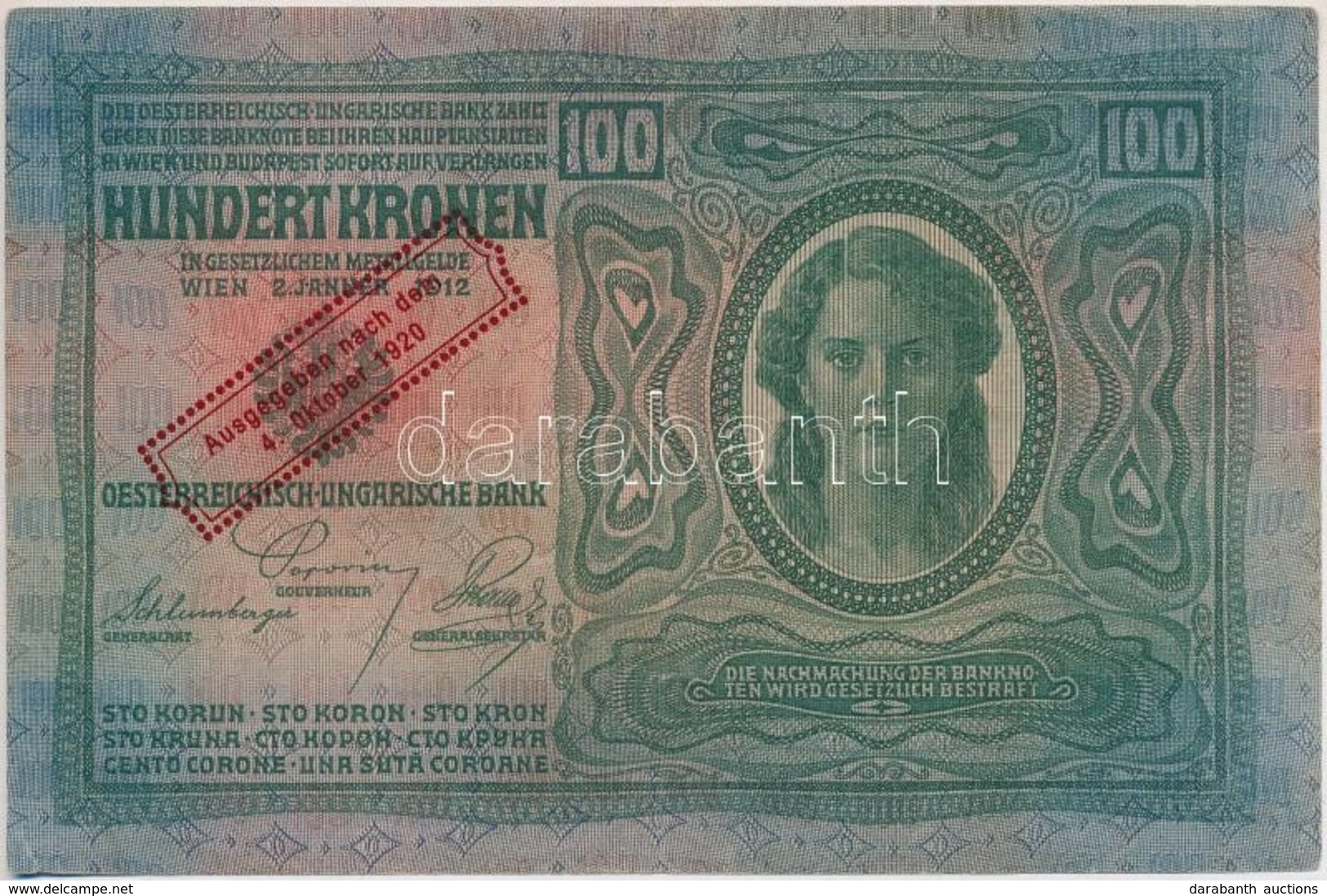 1912. 100K Hamis  'Ausgegeben Nach Dem 4. Oktober 1920' Felülbélyegzéssel (fake Overprint) T:III Szép Papír - Non Classificati