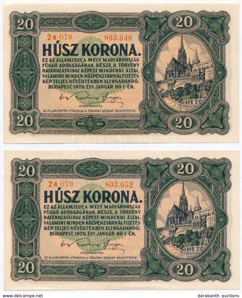 1920. 20K (2x) Sorszámok Közt Pont, Közeli Sorszámok T:I-,II - Sin Clasificación