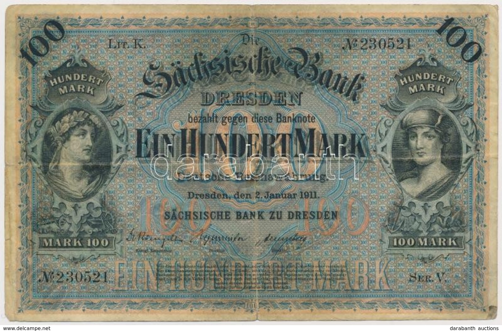 Német Birodalom / Szászország 1911. 100M Vízjeles Papíron T:III- 
German Empire / Saxony 1911. 100 Mark On Watermarked P - Zonder Classificatie