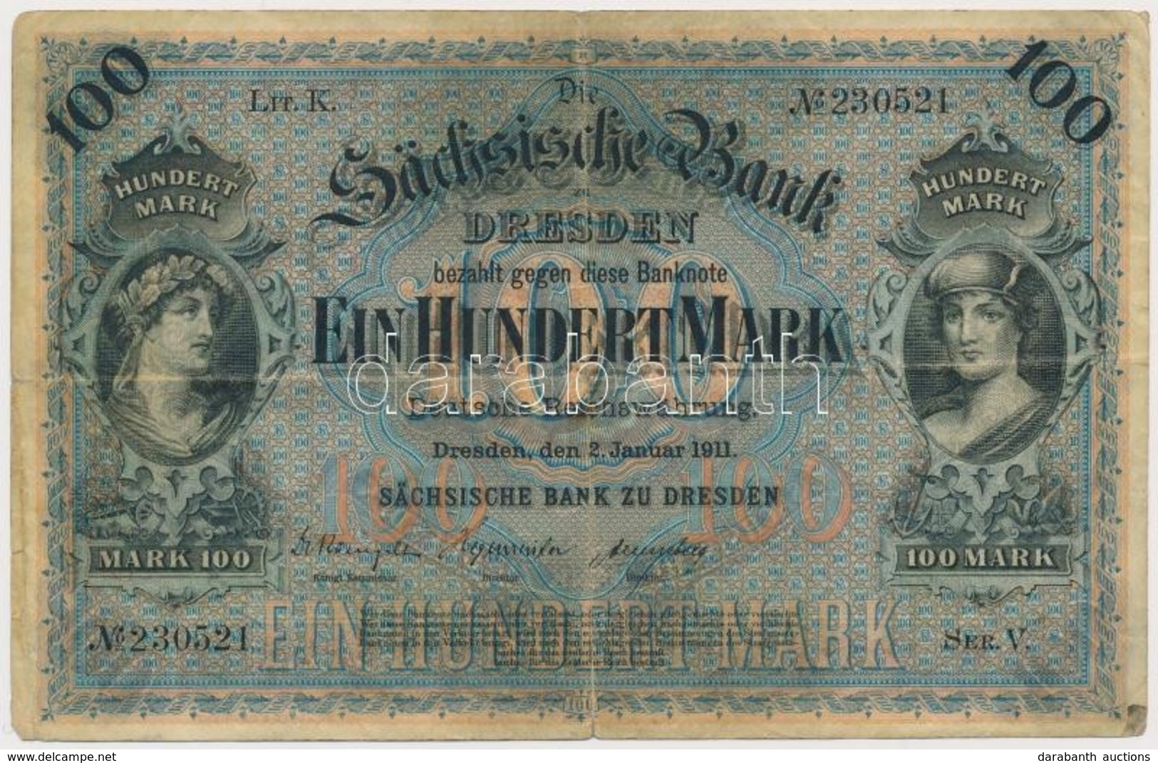 Német Birodalom / Szászország 1911. 100M Vízjeles Papíron T:III- 
German Empire / Saxony 1911. 100 Mark On Watermarked P - Sin Clasificación