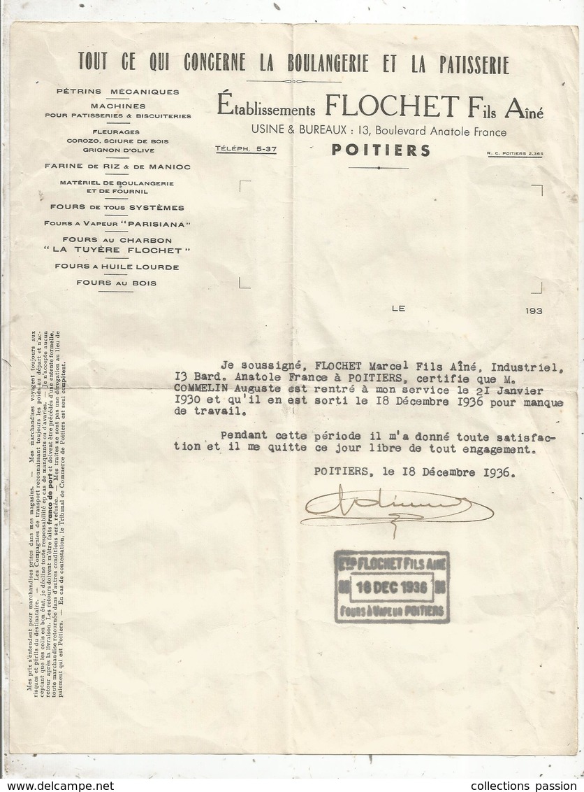 EN TËTE DE FACTURE ,... Concerne Boulangerie Et Patisserie , Ets Flochet Fils Ainè , POITIERS , 1936  ,frais Fr 1.55 E - Alimentare