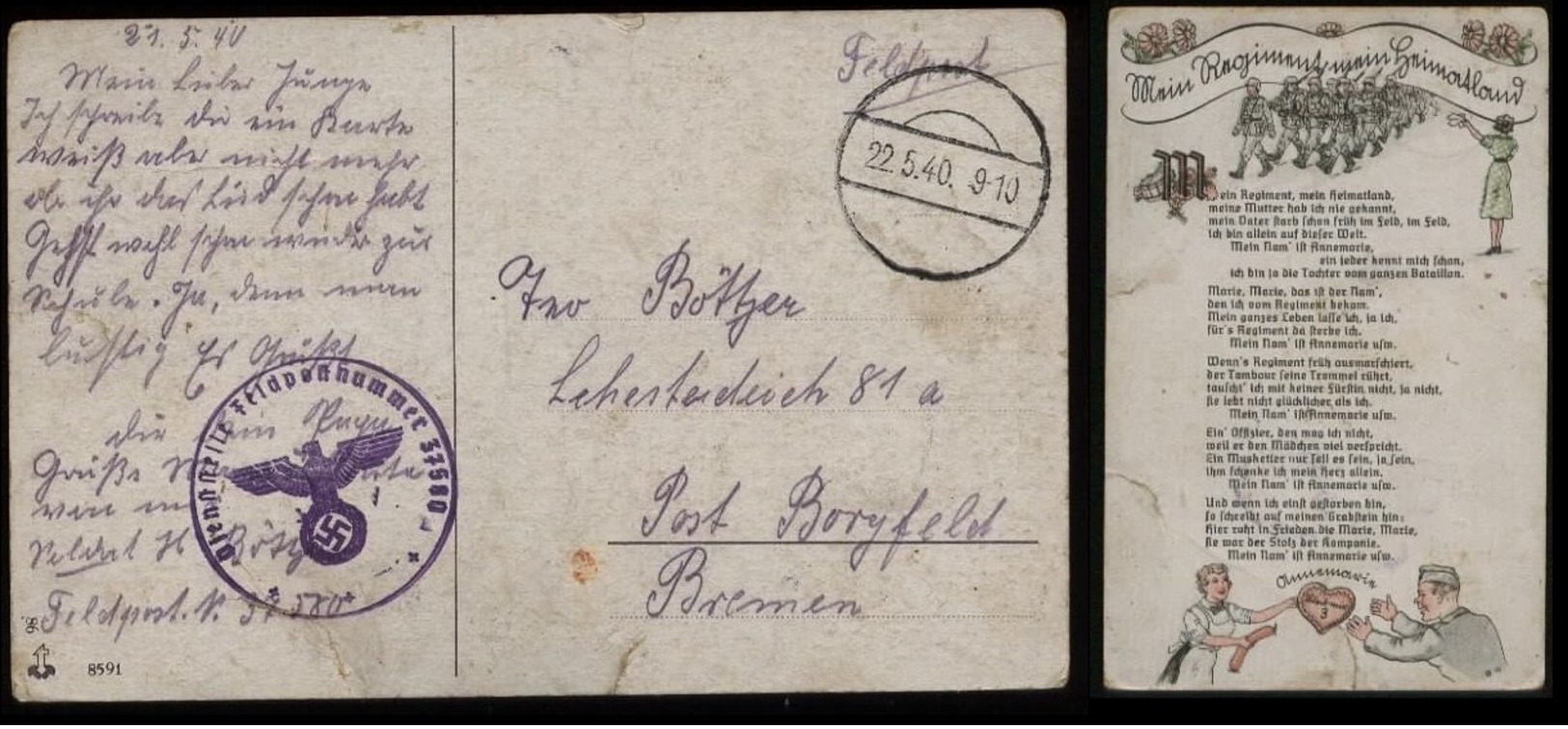 3. Reich - DR Feldpost Lied Postkarte : Gebraucht Feldpost Nr. 37580 - Borgfeld Bremen 1940 , Bedarfserhaltung Mit Män - Briefe U. Dokumente