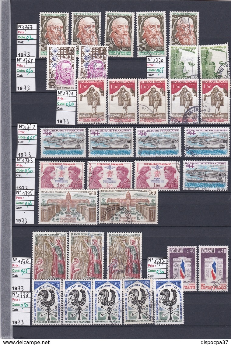 STOCK IMPORTANT TIMBRES FRANCE oblitérés -classés sur pages détachées - 1972-1973-1974-1975  - REF MS