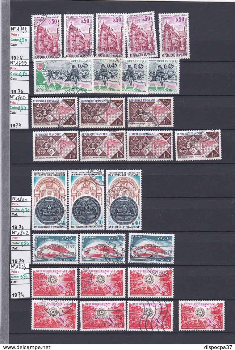 STOCK IMPORTANT TIMBRES FRANCE oblitérés -classés sur pages détachées - 1972-1973-1974-1975  - REF MS