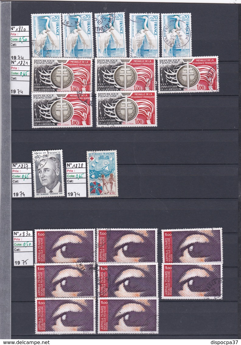 STOCK IMPORTANT TIMBRES FRANCE oblitérés -classés sur pages détachées - 1972-1973-1974-1975  - REF MS