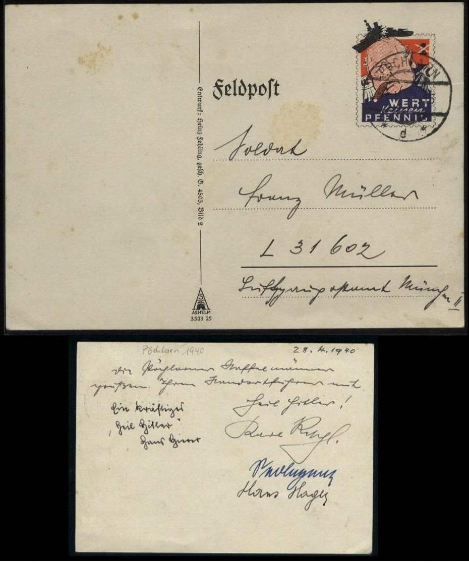 3. Reich - DR Ostmark Feldpost Postkarte Churchill , Wert Keinen Pfennig: Gebraucht Pöchlarn - LGPA München 1940, Beda - Covers & Documents