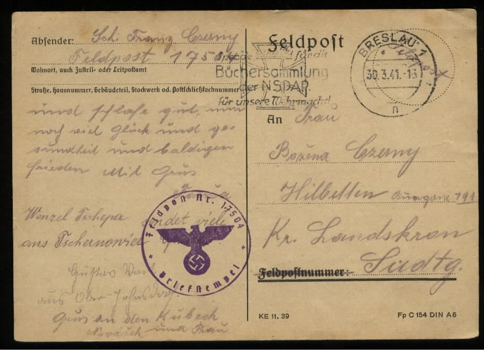 3. Reich - DR Polen Schlesien Feldpost Postkarte : Gebraucht Mit NSDAP Werbestempel Breslau - Landskron 1941 , Bedarfs - Briefe U. Dokumente