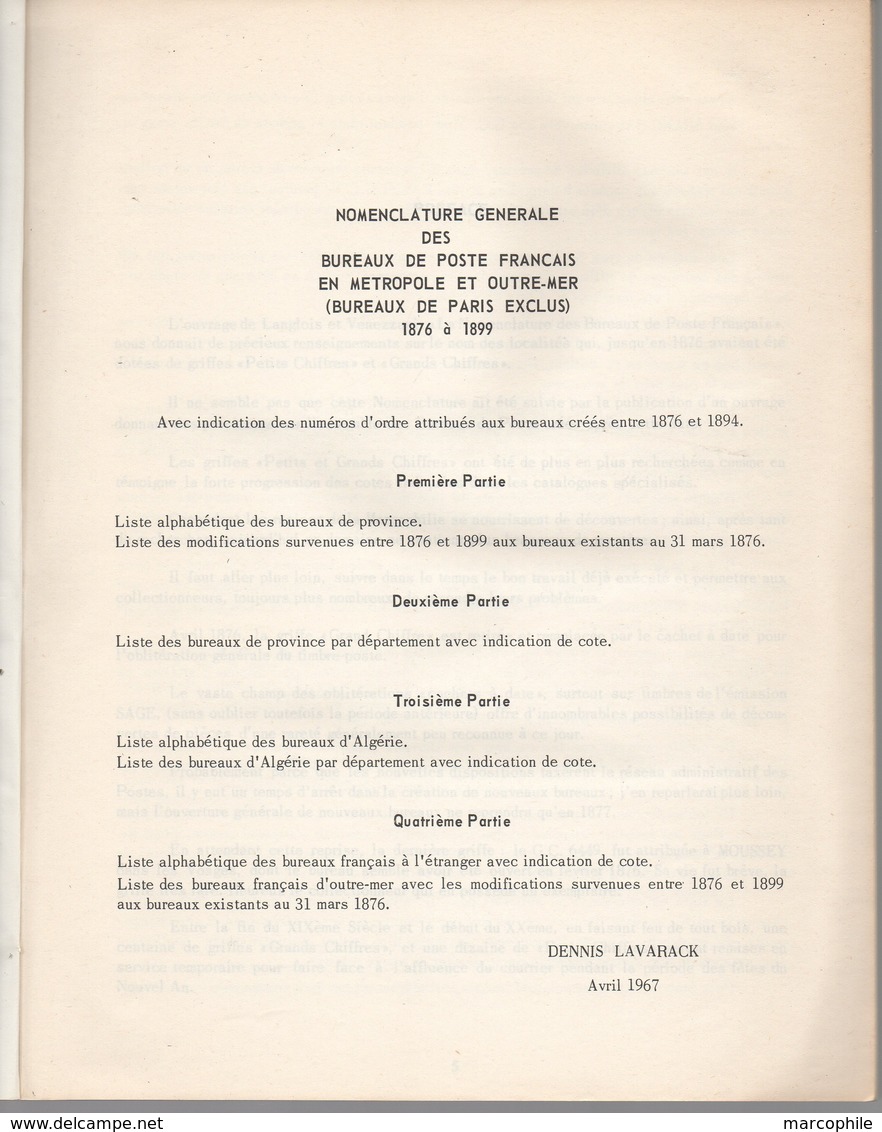 NOMENCLATURE DES BUREAUX DE POSTE FRANCAIS 1876 - 1899 DE LAVARACK - CAT. BROCHÉ 238 PAGES DE 1967 (ref CAT26) - Dizionari Filatelici