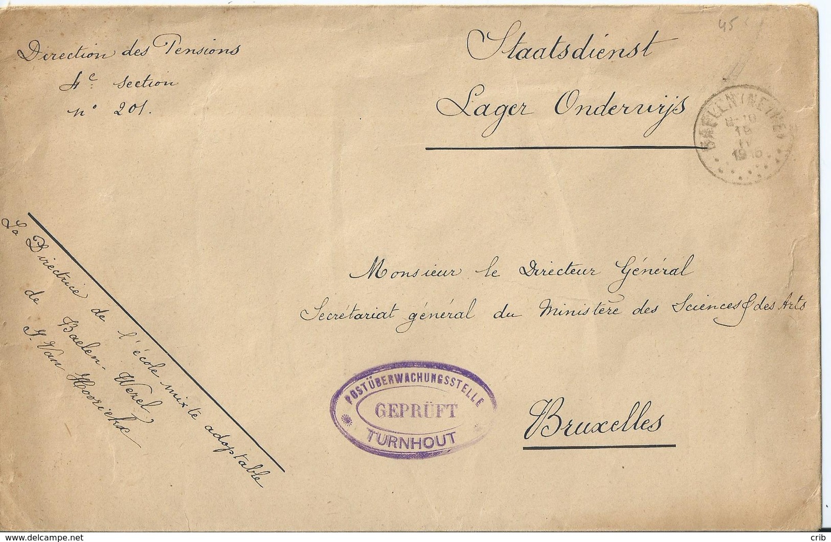 Portvrije Brief Van BAELEN(NETHE) Via Censuur Van Turnhout Naar Brussel (1916) - OC1/25 Gouvernement Général