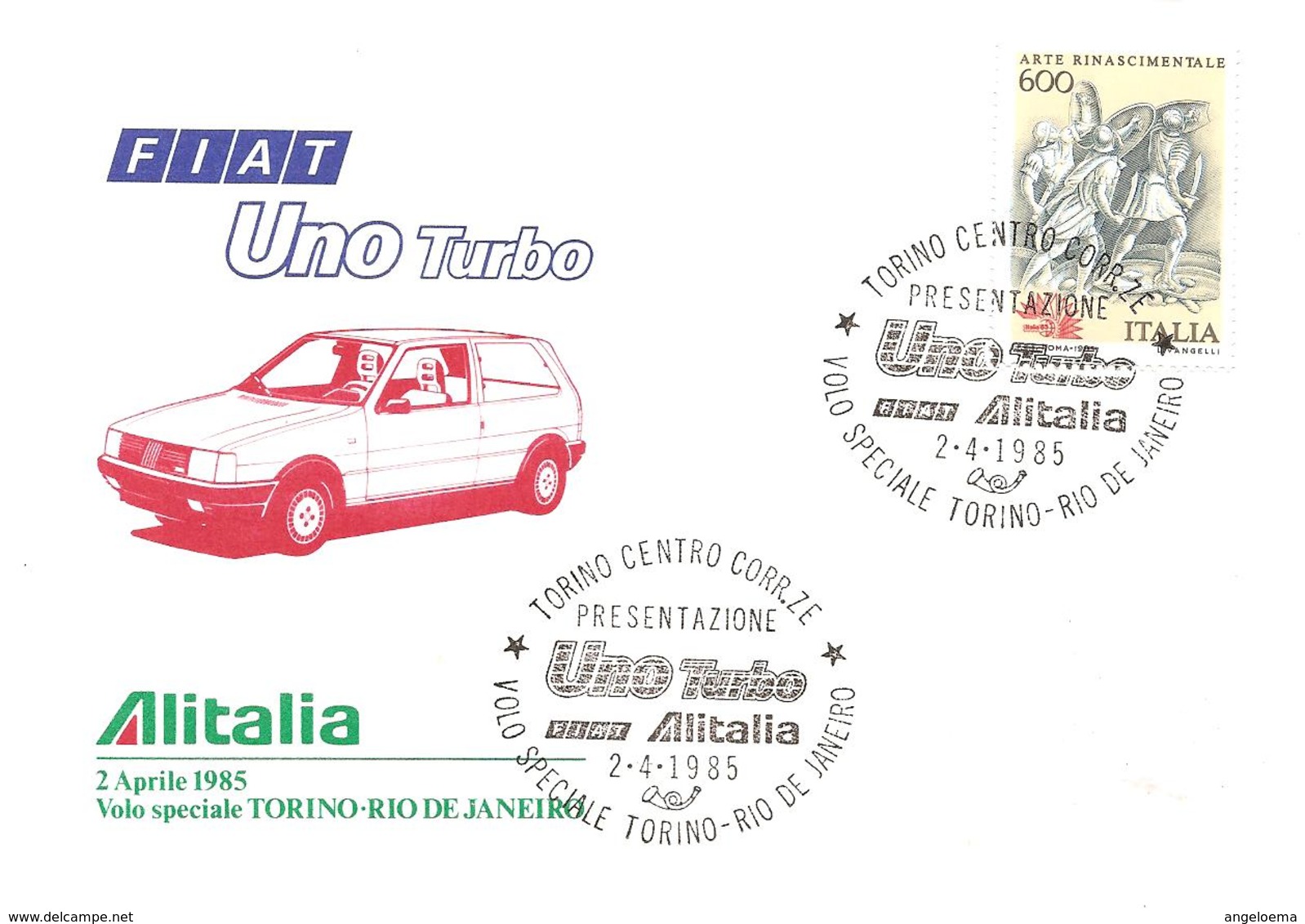 ITALIA - 1985 TORINO Auto Presentazione Fiat UNO TURBO Alitalia Su Busta Speciale Volo Torino-Rio D Janeiro - Aerei