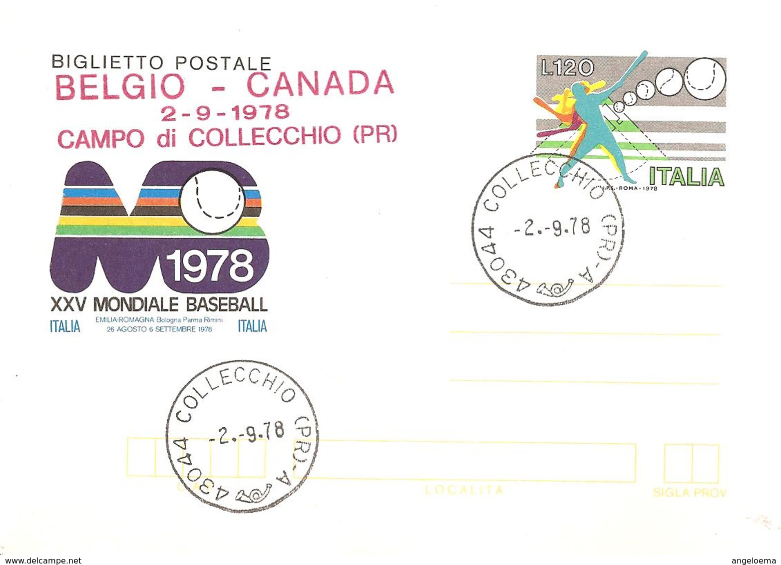 ITALIA - 1978 COLLECCHIO (PR) Ann. Ord. + Timbro Rosso BELGIO-CANADA' Campo Collecchio Su BP XXV Mond. Baseball - 3509 - Baseball