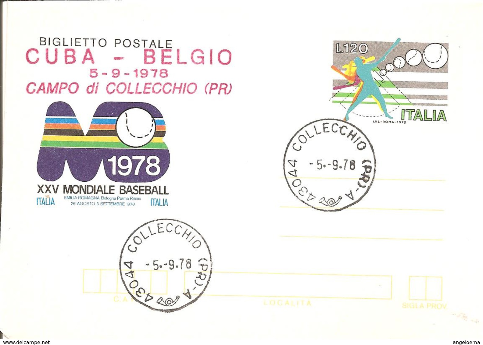 ITALIA - 1978 COLLECCHIO (PR) Ann. Ord. + Timbro Rosso CUBA-BELGIO Campo Collecchio Su BP XXV Mond. Baseball - 3508 - Béisbol